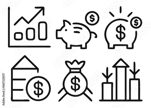 Comprehensive finance and investment icon collection featuring adjustable line graphics for business and economic concepts presented in a clean and modern style