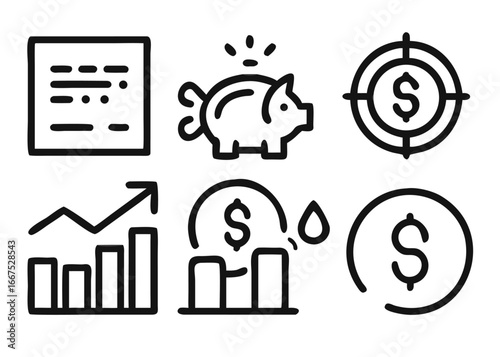 Comprehensive financial investment growth and wealth management icon collection featuring adjustable line art for business presentations and digital platforms