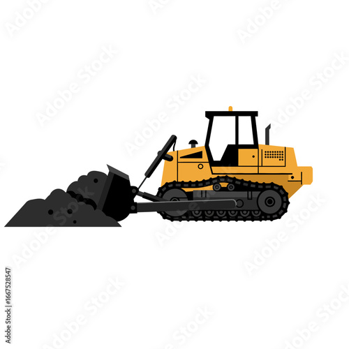 A powerful yellow bulldozer with a large front blade efficiently pushes a pile of dark soil, symbolizing heavy construction work and earthmoving operations.