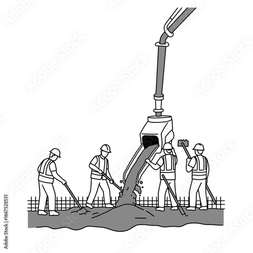Skilled construction workers in protective gear meticulously pour and spread fresh concrete using a pump, ensuring a solid foundation for new development.