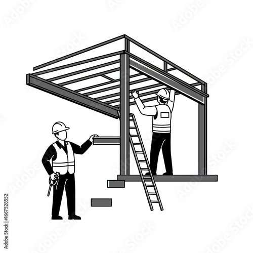 Skilled construction workers diligently assemble a robust steel frame structure, symbolizing progress and the foundation of modern architectural development.