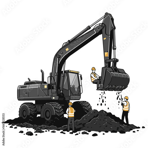 A playful vector illustration features construction workers engaging with heavy machinery, as one person humorously rides in the excavator's bucket.