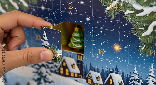 Hand opens advent calendar revealing festive Christmas tree chocolate surprise winter holiday celebration