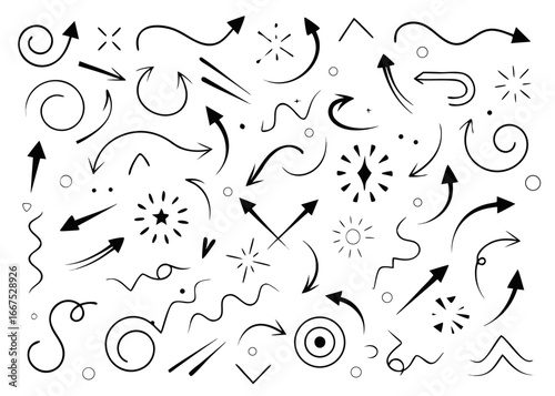 Collection of flat design directional and curved arrows for various navigation and signaling applications presented in a clean graphic style