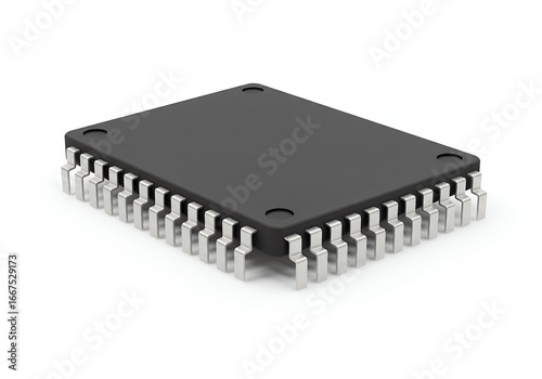 Modern black microchip processor with silver pins on a clean white background, essential tech component