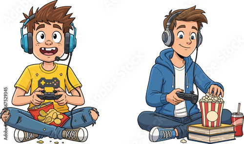Happy boys playing video games with controllers, wearing headphones, eating popcorn and snacks, enjoying fun gaming time, entertainment lifestyle activity