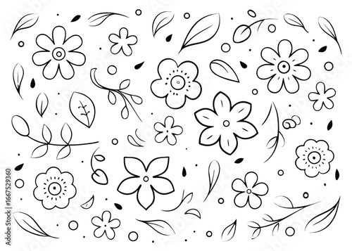 Charming hand drawn crayon watercolor spring floral elements collection featuring delicate blooms in vivid hues