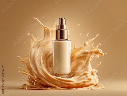 Beige foundation bottle surrounded by a creamy splash