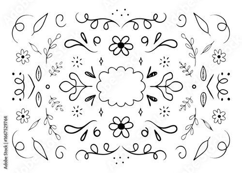 Charming hand drawn vintage floral frame with decorative ribbon and flourish elements perfect for invitations and stationery designs