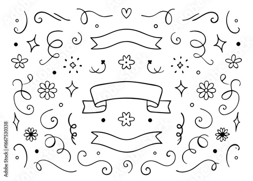 Elegant hand drawn floral frame with vintage ribbon accent perfect for decorative borders and stationery designs