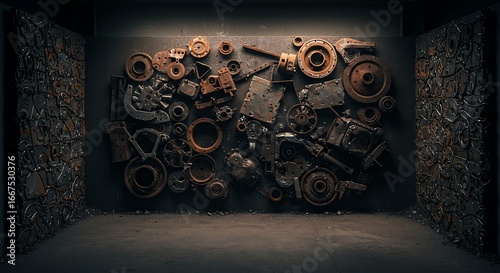 Empty square room with metal scrap rusty industrial part detail for melt and reused for recycling on wall