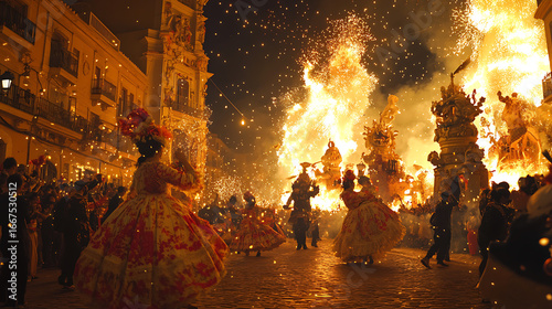 Twilight Las Fallas Festival in Valencia, Spain with flaming bonfires and pyrotechnics illuminating the night sky, crowds cheering, dancers performing on streets filled with colorful ninots.
