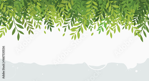 Lush green leaves cascade down, creating a fresh, natural backdrop with soft bokeh and light sparkles