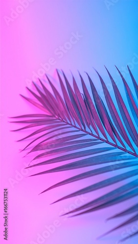 A vibrant green palm leaf rests gracefully atop a colorful, abstract background featuring swirling patterns in shades of blue, pink, and yellow.