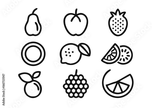 A diverse collection of fresh fruit and juicy berry illustrations with customizable outline thickness for various design projects