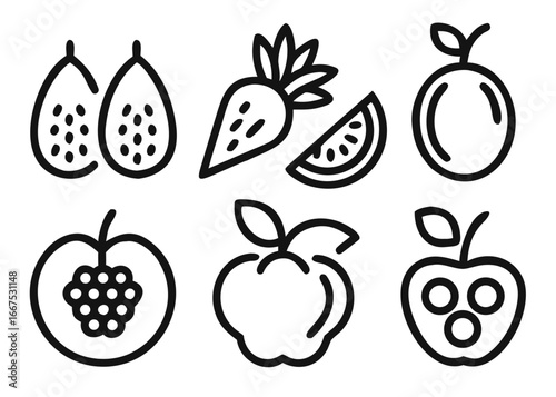 A collection of fruit and berry icons featuring adjustable line weight and vibrant color options for design projects
