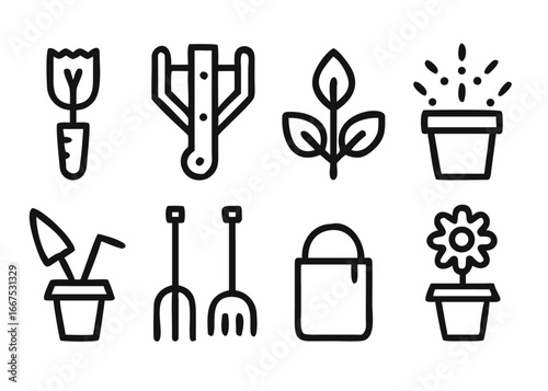 Comprehensive collection of garden related symbols for various projects featuring adjustable line thickness and clean graphic elements