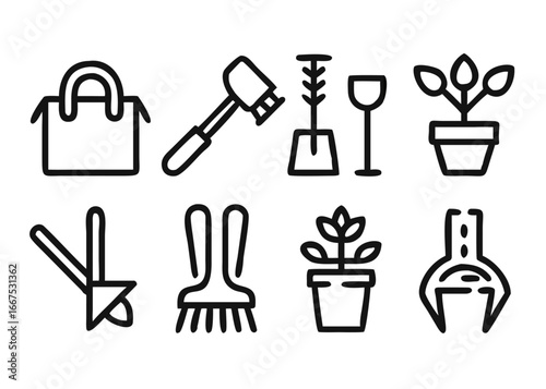 Comprehensive collection of gardening themed symbols featuring adjustable line weight for versatile application in various design projects