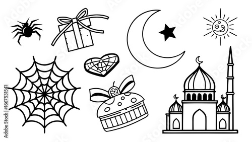 Set of castle elements including towers, gates, fortress walls, drawbridge, flags, windows, doors, arches, battlements, stone bricks, and medieval architecture symbols in vintage vector illustration s