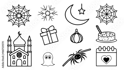 Set of castle elements including towers, gates, fortress walls, drawbridge, flags, windows, doors, arches, battlements, stone bricks, and medieval architecture symbols in vintage vector illustration s