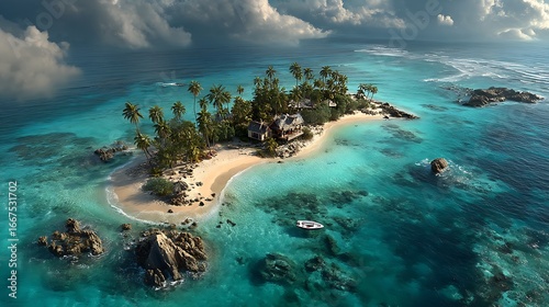 Aerial view of tropical island surrounded by turquoise ocean water with wide open sky space for overlay text, perfect for travel, summer, and nature background concepts