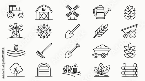 Gardening icons set featuring shovel, rake, watering can, wheelbarrow, plant pot, seeds, gloves, hose, pruning shears, lawn mower, fence, flower, tree, leaf, and garden tools in modern vector style.