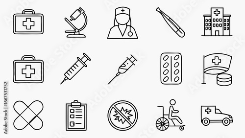 Medical icons set featuring stethoscope, hospital bed, syringe, pill bottle, doctor, nurse, ambulance, DNA, microscope, X-ray, thermometer, first aid kit, and healthcare symbols in vector style.