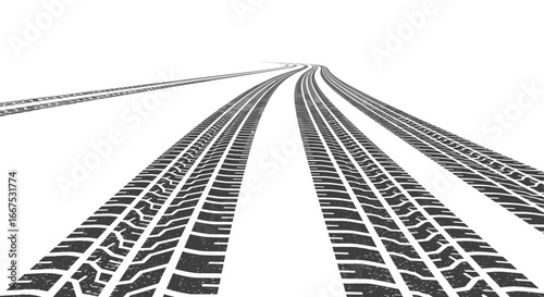 Dynamic tire tracks curve into the distance on a stark white background, suggesting motion and adventure