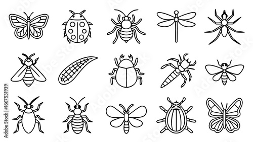 Collection of insects vector illustration set featuring butterfly, bee, dragonfly, beetle, mosquito, ant, grasshopper, ladybug, fly, wasp, moth, and other bug species isolated on white background.
