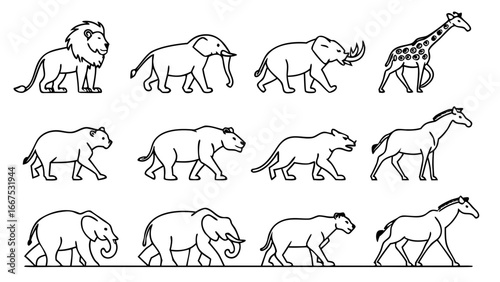 Set of Animal Vector Icons – Collection of 24 unique animal silhouettes and line art illustrations, featuring wildlife, pets, sea creatures, and birds in minimal and editable modern design.