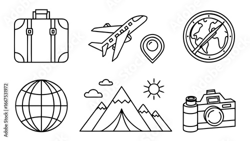 Travel icon set featuring airplane, suitcase, passport, map, globe, camera, hotel, beach umbrella, train, ship, bus, mountain, tent, compass, and vacation symbols in modern vector illustration style.
