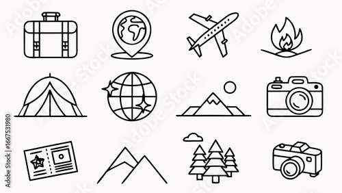 Travel icon set featuring airplane, suitcase, passport, map, globe, camera, hotel, beach umbrella, train, ship, bus, mountain, tent, compass, and vacation symbols in modern vector illustration style.