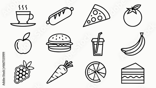 Food and drink icons set featuring fork, spoon, knife, burger, pizza, coffee, tea, soda, wine, beer, ice cream, fruits, vegetables, fast food, desserts, and beverages in modern vector style.