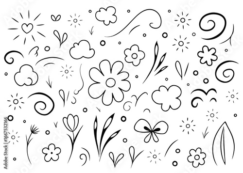 Artistic hand drawn grass elements collection featuring a sketchy doodle style for nature themed designs and organic visuals