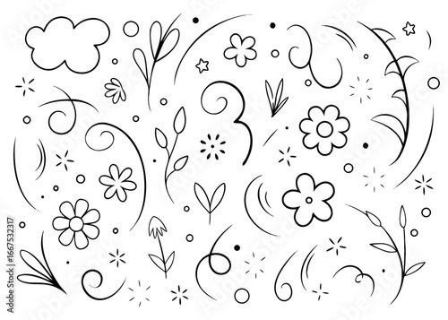 Artistic hand drawn grass doodle sketch style collection featuring organic botanical elements in black yellow cyan magenta tones