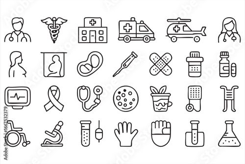 Healthcare and wellness icon set featuring medical tools, doctor, and hospital care symbols