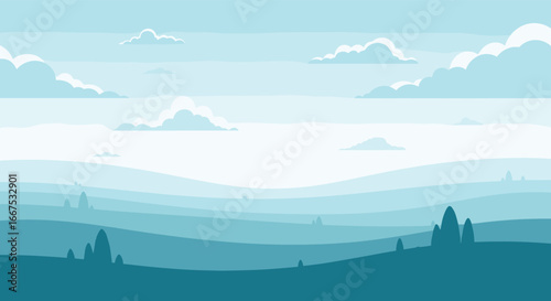 Serene blue landscape with rolling hills and fluffy clouds, peaceful natural backdrop