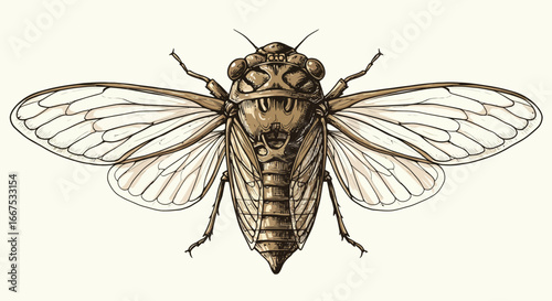 Detailed Illustration of a Brown Cicada Insect.