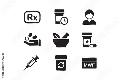 Healthcare and pharmacy icons with prescription bottles, medicine, syringe, and doctor