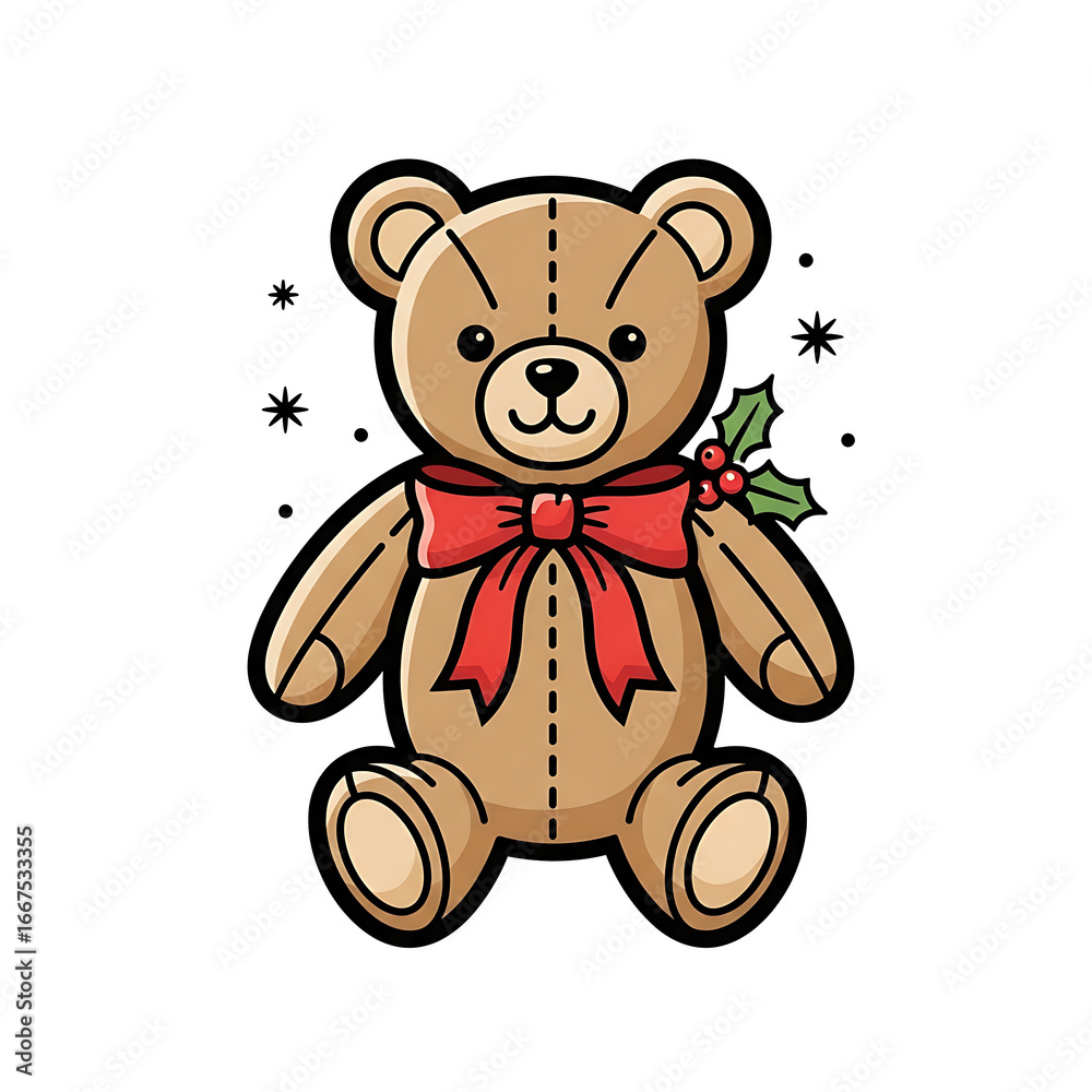 Fototapeta premium Cute cartoon teddy bear with red bow and holly decoration isolated on transparent background