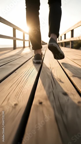 Person Walking Towards the Sun on a Wooden Boardwalk.