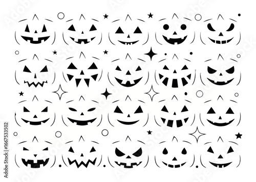 Collection of spooky halloween pumpkin jack o lantern faces for festive decorations and seasonal graphics