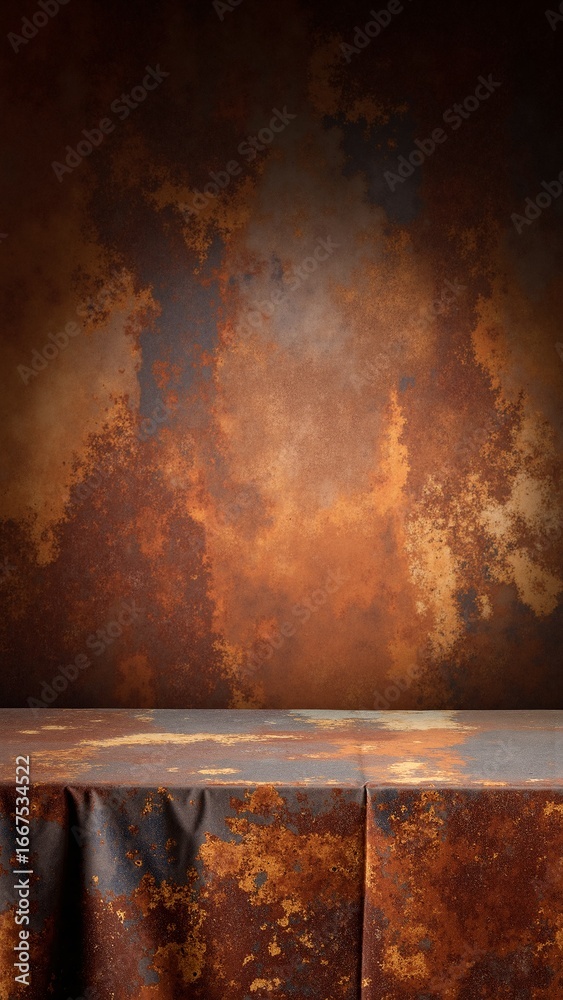 Naklejka premium A rustic wooden table adorned with a vibrant orange and rich brown patterned cloth, creating a warm and inviting atmosphere for dining or gatherings.