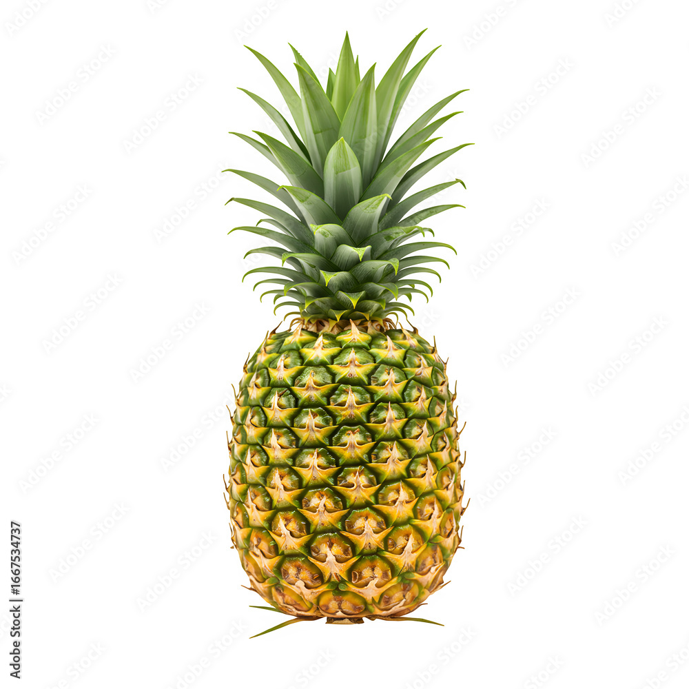 Fototapeta premium Whole Ripe Pineapple with Green Crown of Leaves Showcasing its Textured Yellow and Green Skin Isolated on White or Transparent Background