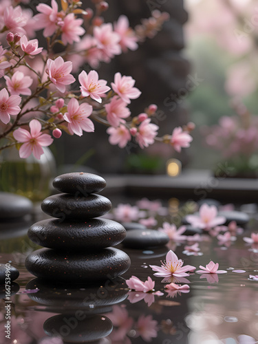 Serene spa scene pink blossoms, zen stones, water reflection