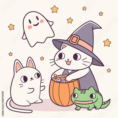 Cute cartoon ghost with a bucket full of halloween candy isolated on white background