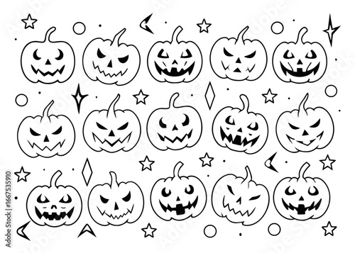 Spooky halloween pumpkin collection featuring jack o lantern designs in black yellow cyan and magenta for seasonal celebrations