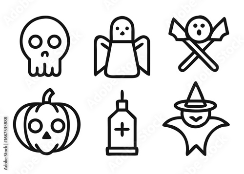 A comprehensive collection of spooky and festive halloween themed graphic elements featuring adjustable line weight for versatile design applications