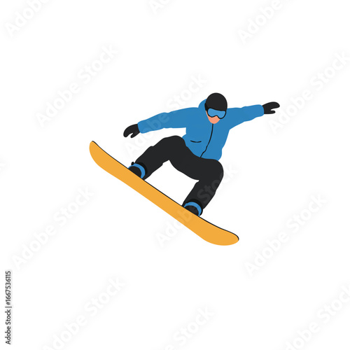 A minimalist 2D flat vector illustration depicts a dynamic snowboarder in action, showcasing clean lines and solid colors, isolated on a pristine white background.