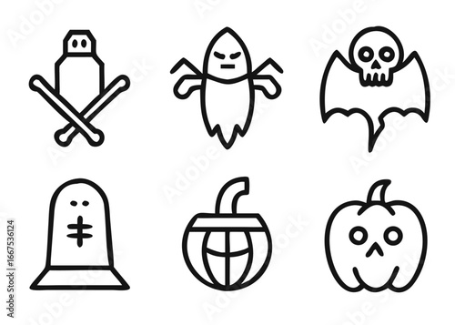 A spooky collection of adjustable line weight halloween themed graphics featuring classic autumnal icons and symbols for festive celebrations